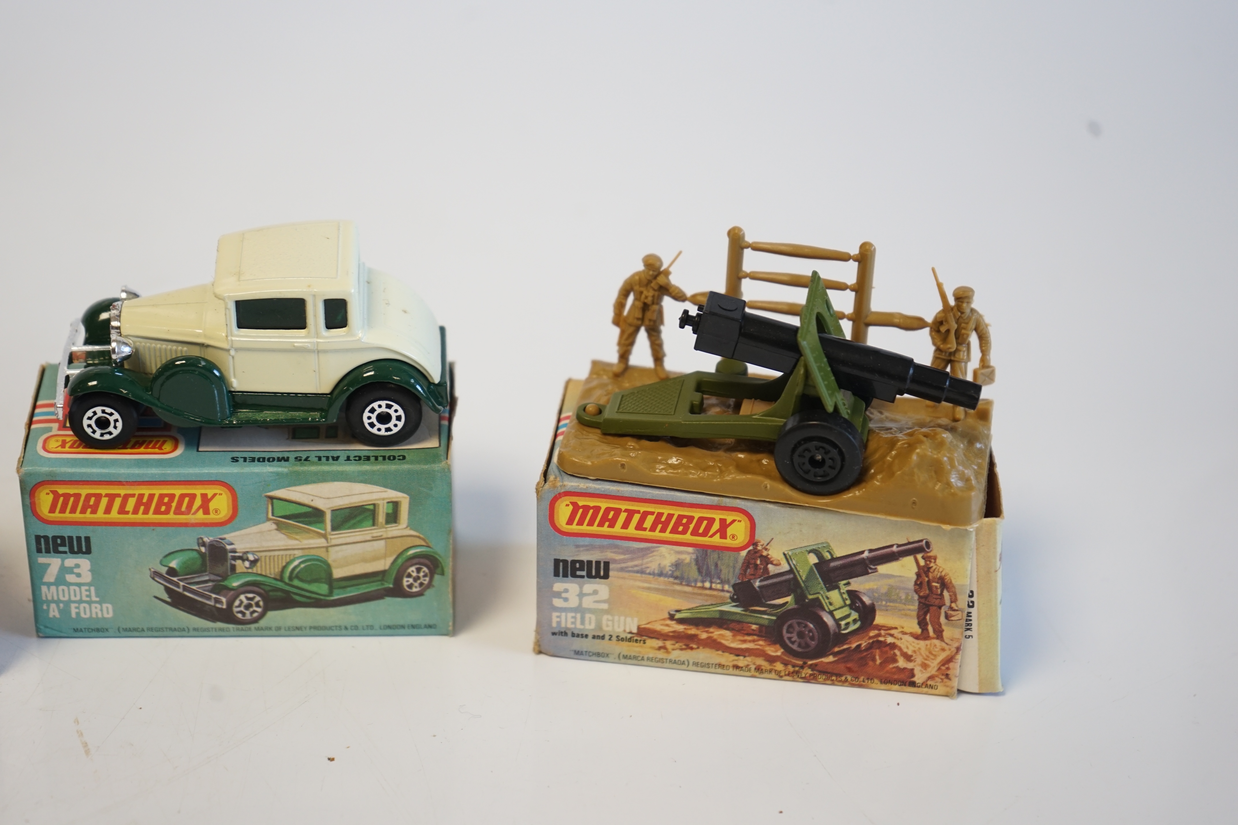 Seventeen boxed Matchbox Series 1-75 diecast vehicles including; 1; Dodge Challenger, 9; Ford RS 2000, 10; Plymouth Police Car and another, 11; Car Transporter, 14; Petrol Tanker and another, 28; Formula Racing Car, 32;